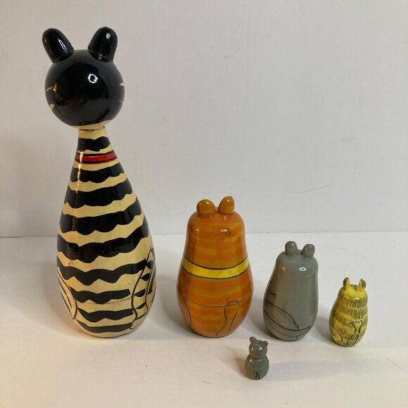 Wooden Matryoshka Nesting Cat Dolls 7" 5 dolls Mouse Baby - Picture 2 of 12